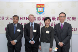 Professor J. S. Malik Peiris (Left 1), Tam Wah-Ching Professor in Medical Science, Chair Professor and Director, School of Public Health, Dr Benjamin J. Cowling (Left 2), Associate Professor and Division Head of Epidemiology and Biostatistics, School of Public Health, Dr Susan S. Chiu (Right 2), Clinical Associate Professor of Department of Paediatrics and Adolescent Medicine, Professor Gabriel M. Leung (Right 1), Director of WHO Collaborating Centre for Infectious Disease Epidemiology and Control, School of Public Health, Li Ka Shing Faculty of Medicine, HKU took a group photo after the press conference.